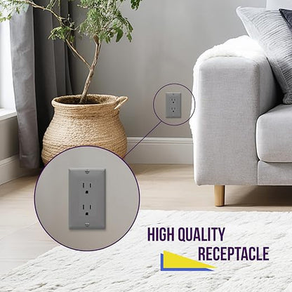 ENERLITES 10 Pack Decorator Wall Outlet, 15A Standard Electrical Receptacle | Self-Grounding, UL Listed, 5-15R, 125V, Non-Tamper Resistant Residential Outlets for Home, Kitchen, Bathroom, Gray