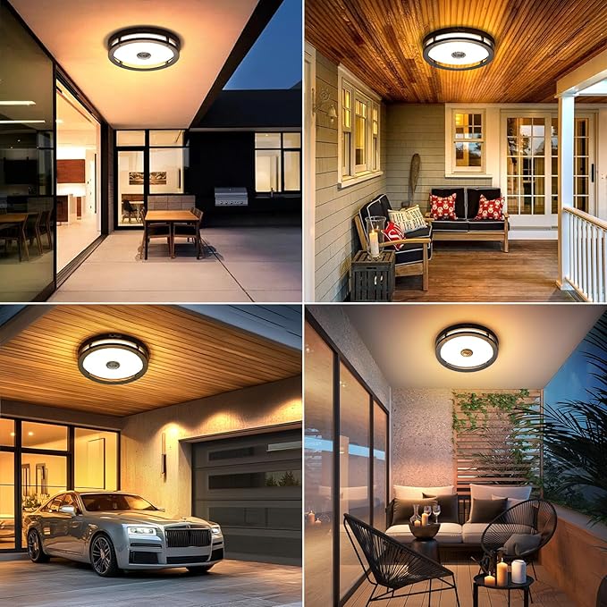 Outdoor Motion Sensor Flush Mount LED Light, 12" Dusk to Dawn Porch Modern Black Exterior Light, Ceiling Light Fixture for Farmhouse Garage Entry