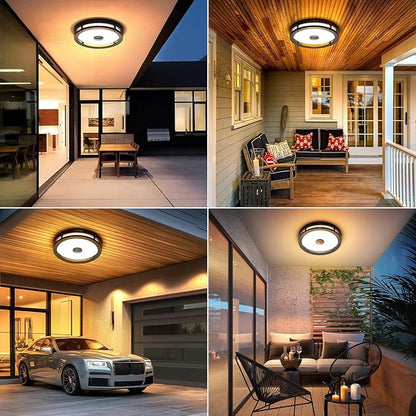 Outdoor Motion Sensor Flush Mount LED Light, 12" Dusk to Dawn Porch Modern Black Exterior Light, Ceiling Light Fixture for Farmhouse Garage Entry