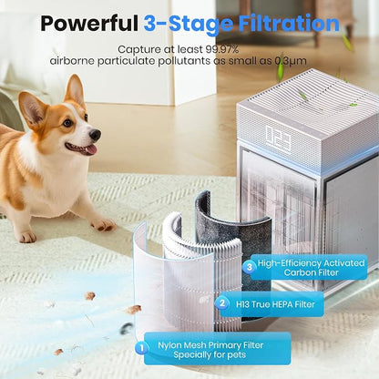 Air Purifiers for Smoke Up to 3600 Ft², Pureborne HEPA Air Purifiers for Home Large Room with PM 2.5 Sensor for Wildfire Smoke Odor Fur, Three-Sided Air Inlet, Auto Mode, Sleep Mode, White, 1 Pack