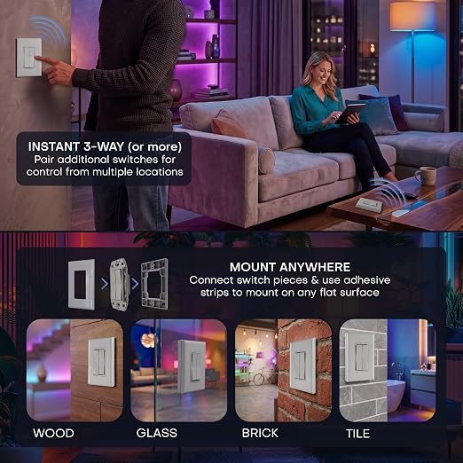 RunLessWire Click for Hue Battery-Free Wireless Smart Switch 3 Pack Gray | Dimmable Kinetic Switch Pairs Natively to Philips Hue Bridge, 4 Programmable Buttons to Control Scenes & Areas, 100ft Range