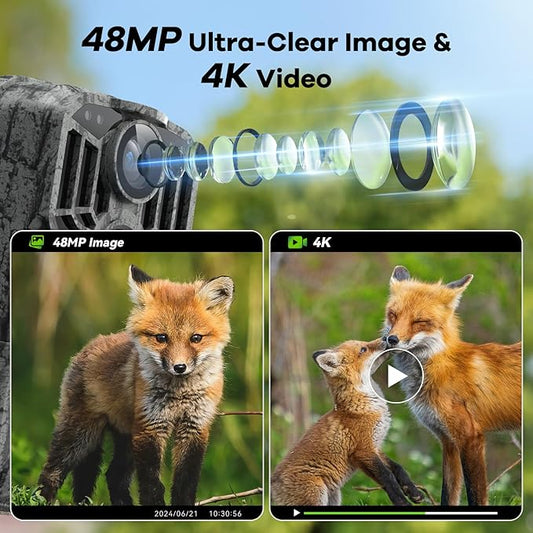 DEATTI 2 Pack Trail Camera 48MP 4K: Game Camera with Night Vision Motion Activated for Wildlife Deer Outdoor 0.1s Trigger Time