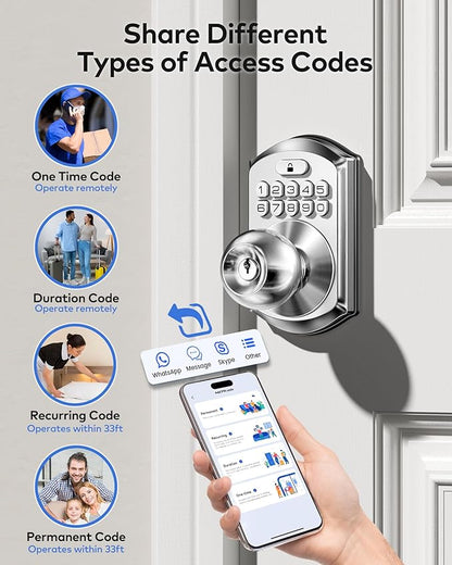 TEEHO TE018 Smart Door Knob with Keypad, App Control, Keyless Entry Digtal Door Lock with Handle, Remote Share One-Time Code, Auto Lock, Easy Installation for Front Door, Bedroom, Rental, Satin Nickel
