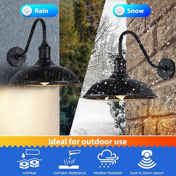 15 Inch Dusk to Dawn Exterior Farmhouse Lighting Barn Light Fixture for House with Anti-ponding Bottom, Outdoor Barn Light Gooseneck Lighting for Garage Patio Porch (15" Diameter, 1 PC)