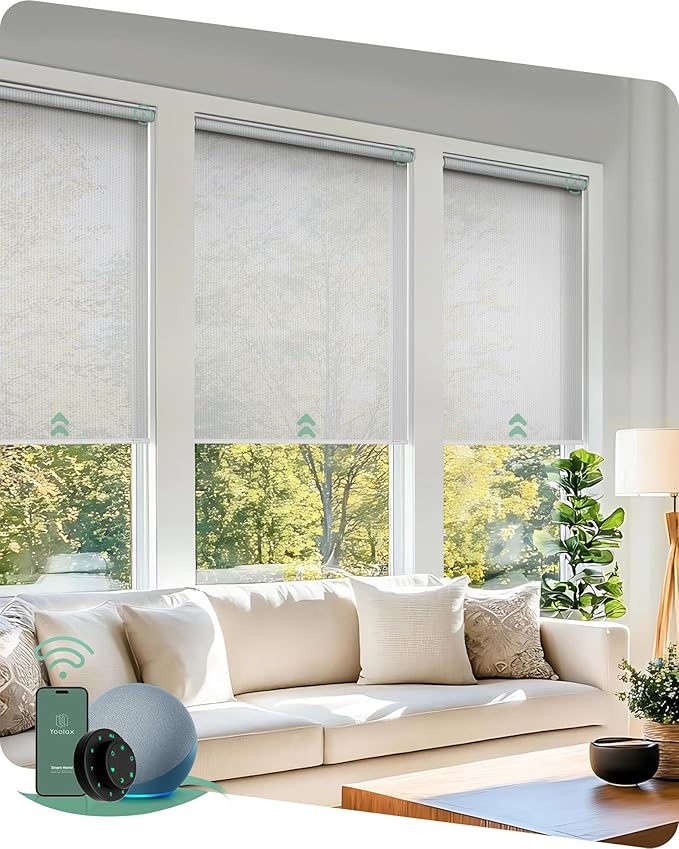 Yoolax Motorized Blinds with Remote, Flame Resistat mart Roller Shades Work with Alexa, Google, Apple Homekit, Custom Automatic Shades with Voice Control for Living Room (5% Openness White)
