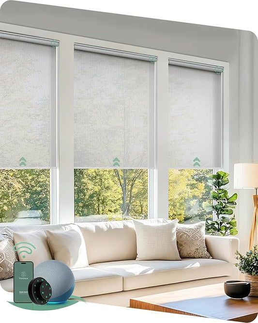 Yoolax Motorized Blinds with Remote, Flame Resistat mart Roller Shades Work with Alexa, Google, Apple Homekit, Custom Automatic Shades with Voice Control for Living Room (5% Openness White)