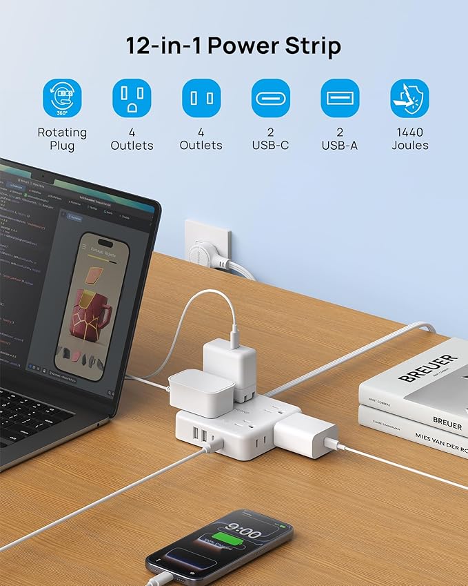 TROND Power Strip, 360° Rotating Flat Plug, 8 Widely Spaced Outlets, 2U2C Ports, Flat Plug Extension Cord 3ft, 1440J Surge Protector, 1625W, White