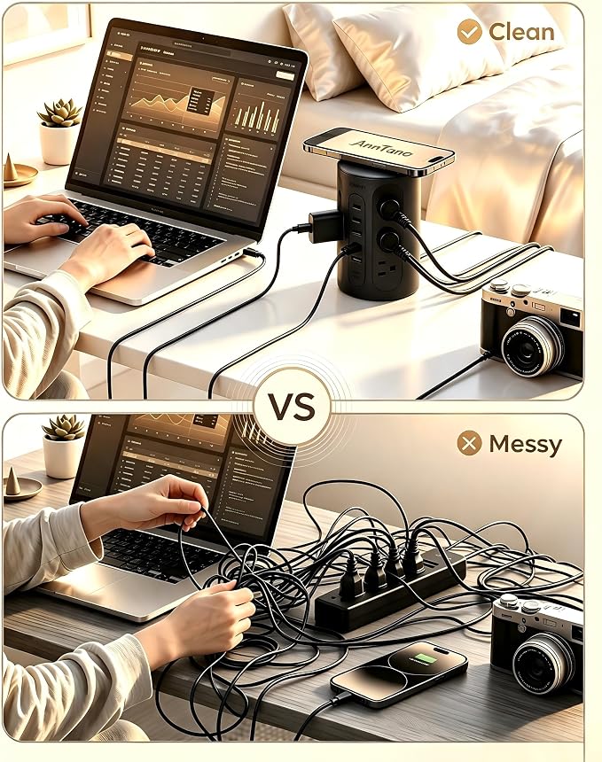Power Strip Tower with USB Ports, 6.5 FT Extension Cord with Multiple Outlets (12AC+3A+2C) for Home Office Desk College Dorm Room Supplies