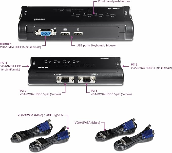 TRENDnet 4-Port USB KVM Switch, TK-407K, Black,NDAA & TAA Compliant