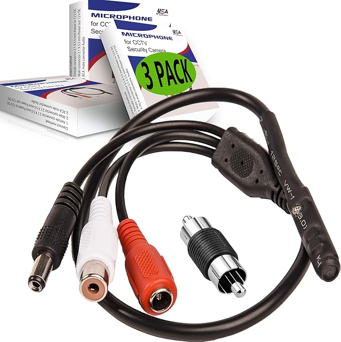 CCTV Microphone with Preamp, RCA Audio Out, 12V DC — Adjustable Gain — for DVR/NVR & IP Cameras (3Pack)