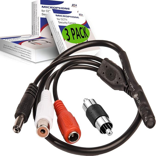 CCTV Microphone with Preamp, RCA Audio Out, 12V DC — Adjustable Gain — for DVR/NVR & IP Cameras (3Pack)