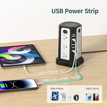 10FT Extension Cord with Multiple Outlets|PASSUS Surge Protector Power Strip with USB C(PD18W) Port|Flat Plug Braided Cord|Tower Outlets with USB Ports,Overload Protection for Home Office DormRoom