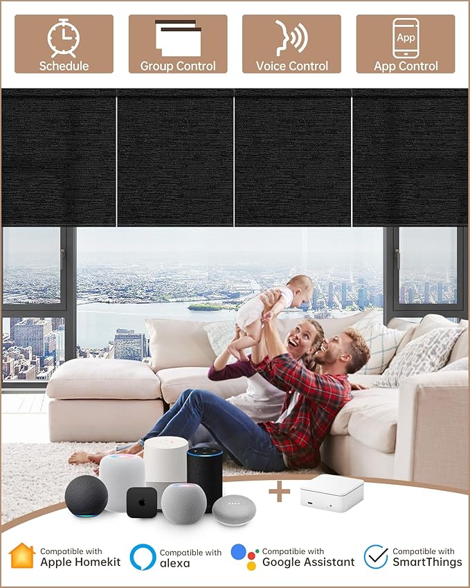 Kincmo Motorized Blinds with Remote, Light Filtering Roller Shades Work with Apple Homekit,Alexa,Google Home, Custom Electric Blinds with App,Voice Control (75% Blackout Aqua Waves Black)