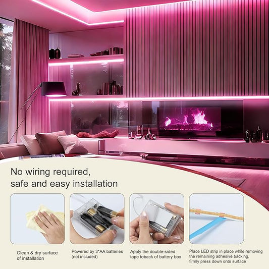 ZSLAIFU Battery Powered LED Strip Lights, 3.3FT COB LED Strip Light, Battery Operated LED Lights, Pink LED Strip Lights Battery Powered for Closet, Cabinet, Shelf, Kitchen, DIY Lighting