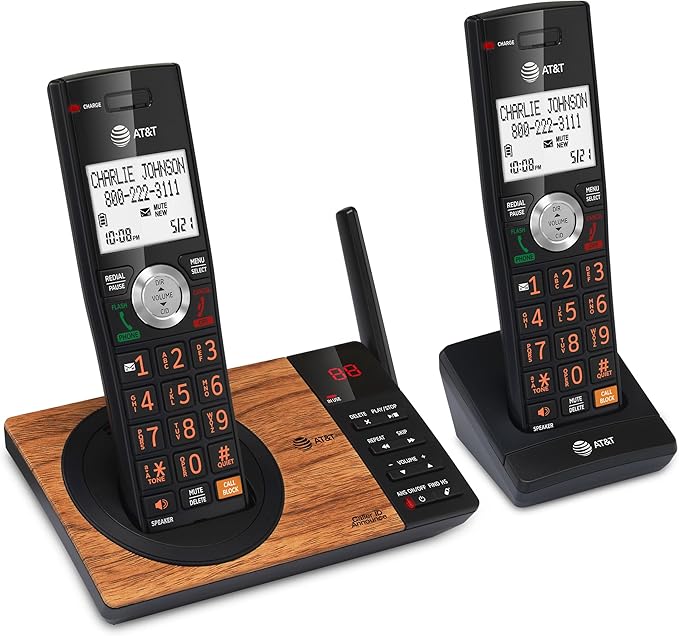 AT&T CL82267 DECT 6.0 2-Handset Cordless Phone for Home with Answering Machine, Call Blocking, Caller ID Announcer, Intercom and Long Range, Black & Wood Grain Finish