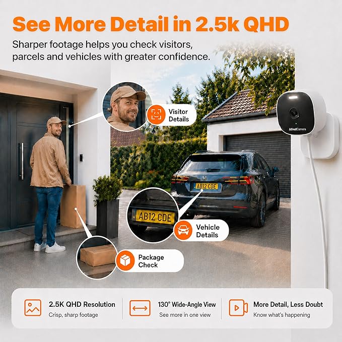 AlfredCam Plus 2 Smart Home Security Camera 2.5K, WiFi 2.4 & 5GHz, Indoor/Outdoor, IP65 Waterproof, LED Spotlight, Two-Way Audio, Color Night Vision, Baby/Pet Cam, App Powered (100M+ downloads)