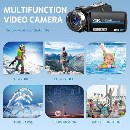 Camcorder Video Camera 4K 80MP Ultra HD Vlogging Camera for YouTube 18X Digital Zoom IR Night Vision 3.0" IPS Screen Video Recorder With Handheld Stabilizer, Microphone, 32G SD Card and Remote Control