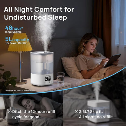 5L Top Fill Ultrasonic Humidifier,Cool Mist Humidifiers with Timer & Humidity Control for Bedroom, Baby, Large Rooms & Plants (White)