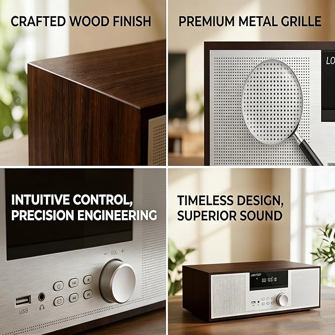 LONPOO Stereo Shelf System for Home, Vintage CD Player 40W RMS Micro Mini System with Remote Control, Bluetooth, FM Radio, USB MP3 Playback & Aux-in,Silver