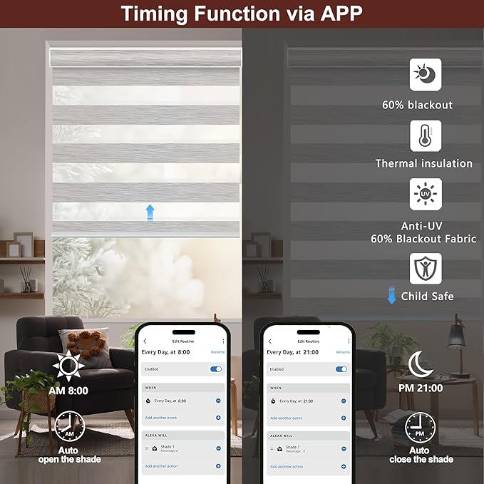 Bringnox Smart Motorized Zebra Roller Blinds - 100% Blackout, Remote Control, Works with HomeKit, Google Home & Alexa via Hub, Custom Size(100% Blackout Mid Grey-40)