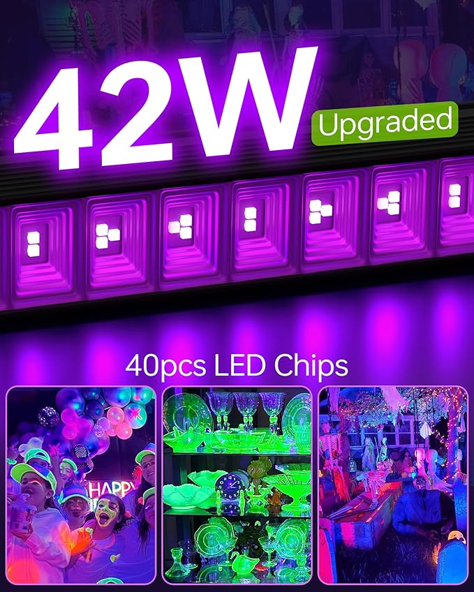 4 Pack LED 42W Black Lights, Blacklight Bars with Plug+Switch+6ft Cord, Light Up 24x24ftx4, Blacklight for Glow Party, Fluorescent Poster, Body Paint, Halloween Decorations, Bedroom, Stage