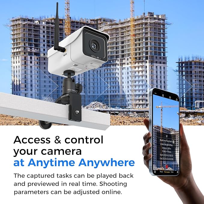 ATLI 4G LTE 4K Time Lapse Camera Dual Band WiFi Construction Outdoor 8MP UHD Resolution 110°Wide Angle App Control Live Preview Remote Access IP67 Weatherproof Pre-Installed 512GB Memory Card
