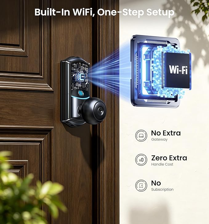 Veise VE028 Built-in Wi-Fi Smart Lock with Knob, Fingerprint Keyless Entry with Handle, App Remote & Voice Control, Electronic Digital Keypad for Front Door and Bedroom, IP65 Waterproof, Matte Black
