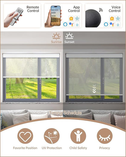 Kincmo Motorized Blinds with Remote, Light Filtering Roller Shades Work with Apple Homekit,Alexa,Google Home, Custom Electric Blinds with App,Voice Control (50% Blackout Sheer White)