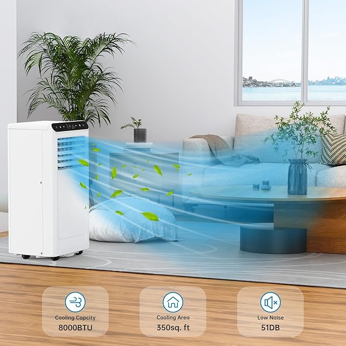 GarveeLife Portable Air Conditioners, 8,000 BTU for Rooms up to 350 Sq.Ft., Smart Compact AC Unit with Cooling, Dehumidifier, Fan, Remote Control and Window Kit, White