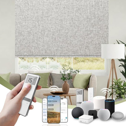 FineTell Motorized Blinds with Remote, 100% Blackout Roller Shades Compatible with Alexa,Apple Homekit,Google Home APP and Voice Control, Customized Electric Blinds (100% Blackout Mist Ash Grey)