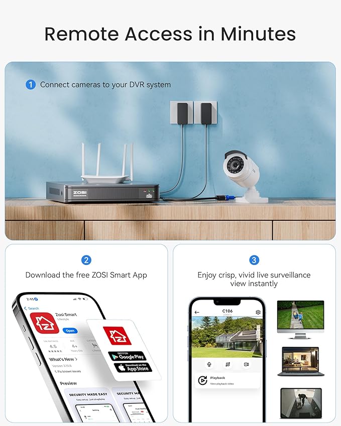 ZOSI H.265+ Home Security Camera System with AI Human Vehicle Detection, 5MP 3K Lite 8 Channel CCTV DVR Recorder and 8 x 1080p Weatherproof Bullet Camera Outdoor Indoor, 80ft Night Vision, 1TB HDD