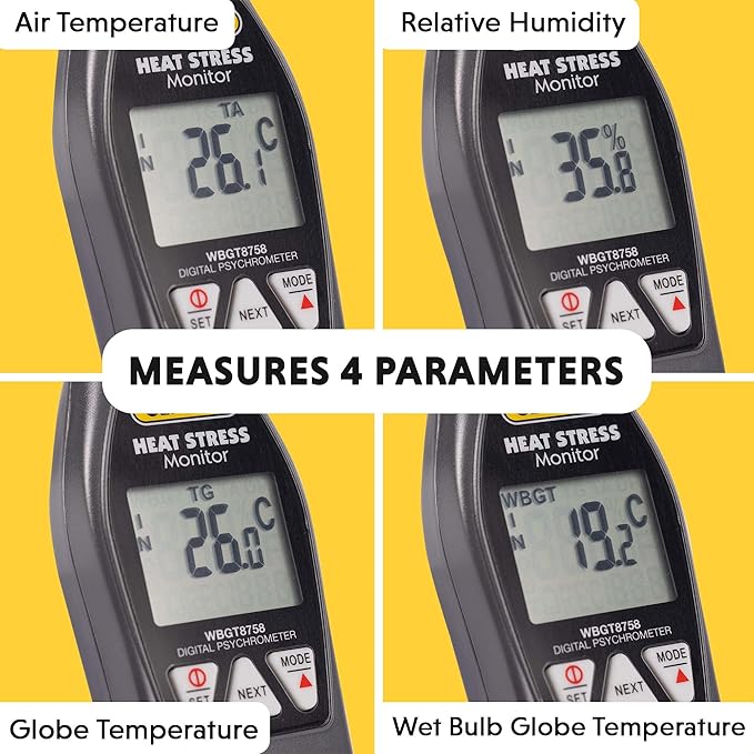 General Tools Hand-held Heat Stress Monitor #WBGT8758, 32° to 122° F, 0 to 100% RH, 35 x 40 mm Brass Black Ball