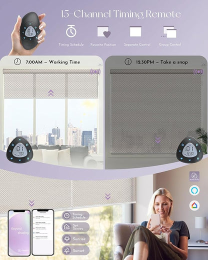 Graywind Motorized Roller Shades Compatible with Alexa Google Hardwired WiFi Smart Light Filtering Blind Remote Automated Blinds Electric Window Shade, Custom Size (3% Openness Beige)
