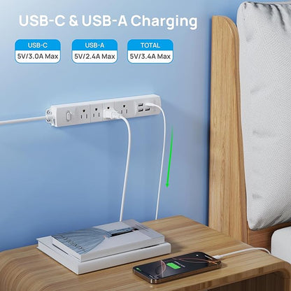 TROND Surge Protector Power Strip with USB, Ultra Thin Flat Plug 6ft Extension Cord 1625W, 3 USB A & 1 Type C, 4 AC Outlets 1440J Surge Protection ETL Listed, Wall Mount for Home Office Dorm, White