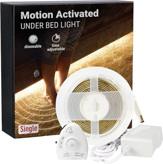 Under Bed Lights Motion Sensor, Motion Activated Bed Lighting, 12V Power Adapter,Dimmable LED Strip Night Light for Bedroom, Stairs, Crib, Cabinet, Warm White - 5FT Single Kit