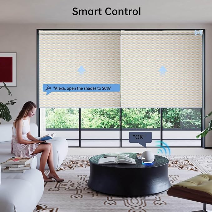 Motorized Coupled Shades, Falme Resistant Smart Solar Shades for Large Windows Automatic Blinds Compatible with Alexa, Electric Roller Blinds Customized for Home Office(1% Openness Beige)