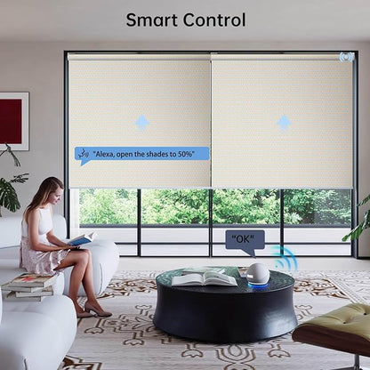 Motorized Coupled Shades, Falme Resistant Smart Solar Shades for Large Windows Automatic Blinds Compatible with Alexa, Electric Roller Blinds Customized for Home Office(1% Openness Beige)