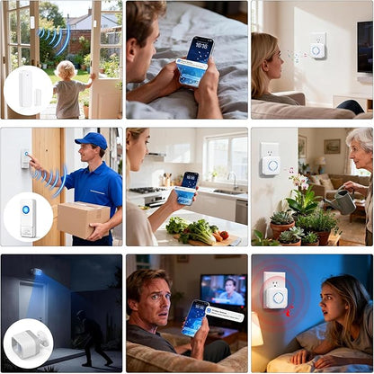 WiFi Sensor, Smart Motion Detector Kit with Phone App Alerts, Includes Gateway Hub, PIR Motion Sensor, Doorbell Button, Door Sensor, DIY Burglar Alarm for Home Business Apartment (Only 2.4GHz)