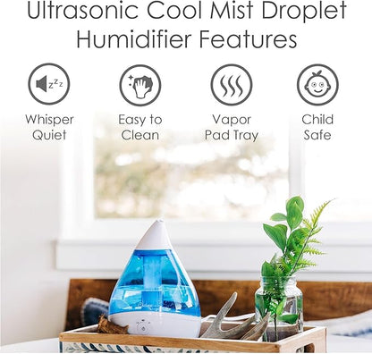 Crane Droplet Ultrasonic Small Air Humidifiers for Bedroom and Office, 0.5 Gallon Cool Mist Humidifier for Plants and Home, Humidifier Filters Optional, Blue and White