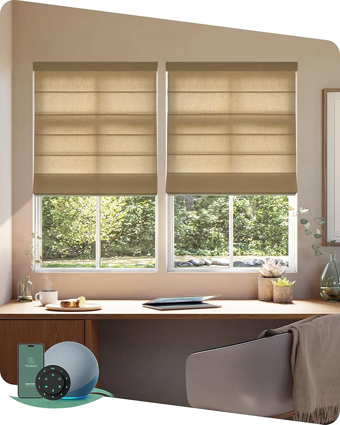 Yoolax Motorized Roman Shades with Remote, Smart Roman Shades for Indoor Windows, Light Filtering Automatic Blinds Work with Alexa, Google, Apple Homekit for Living Room, Customized (Haystack Yellow)