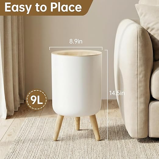 Motion Senor Bathroom Trash Can with Lid, 2.38 Gal Mini Garbage Can, Smart Automatic Touchless Open, Round Decorative Trashcan with legs and Wood Grain Top, for Kitchen Bedroom Office, Plastic, White