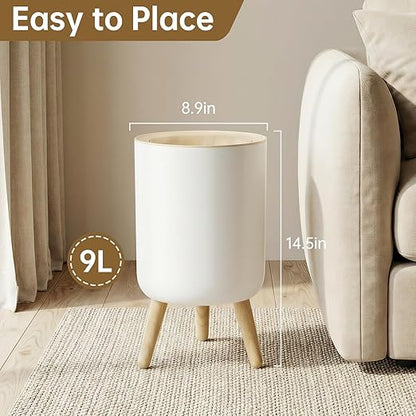 Motion Senor Bathroom Trash Can with Lid, 2.38 Gal Mini Garbage Can, Smart Automatic Touchless Open, Round Decorative Trashcan with legs and Wood Grain Top, for Kitchen Bedroom Office, Plastic, White