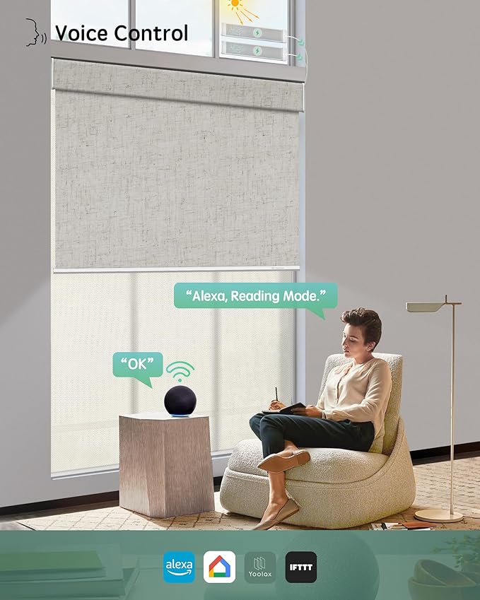 Yoolax Smart Dual Roller Shades, Motorized Blinds with Remote Smart Blinds Compatible with Alexa, Automatic Dual Shades for Bedroom Living Room (Linen Beige & 3% Openness Beige)