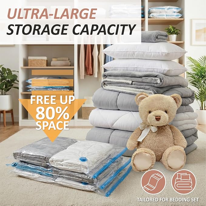 8 XXL Jumbo Vacuum Storage Bags for Bedding, Space Saver with Hand Pump | 47.2" x 35" Extra Large Vacuum Seal Bags for Bedding, Comforters, Blankets & Pillows; 80% Space-Saving Storage for Home