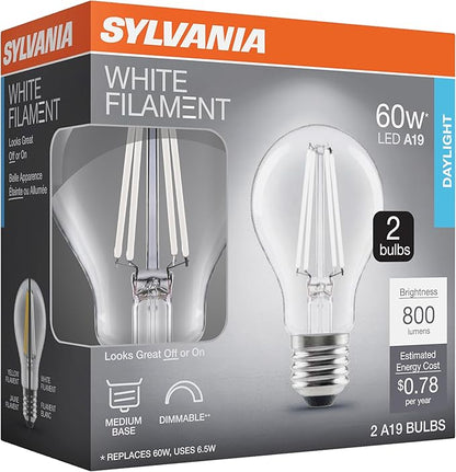 Sylvania A19 Clear LED White Filament Bulb, 6.5W, Dimmable, 800 LMS, Medium Base, 5000K, Daylight - 2 Pack (42171)