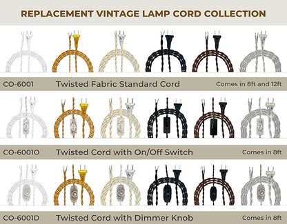 Royal Designs, Inc. 8Ft Twisted Rayon Lamp Cord with NEMA-15P Plug, Rotary Dimmer Switch, Stripped Ends Ready for Wiring, SPT-1 UL Listed, Brown - Pack of 2