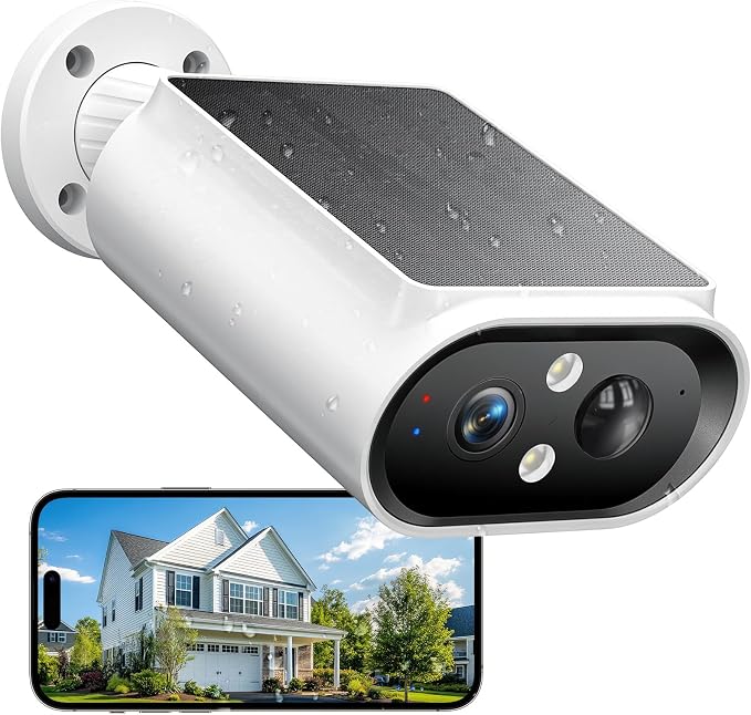 AlkiVision Solar Security Cameras Wireless Outdoor - 2K Night Color Vision Cameras for Home Security, AI Motion Detection, 360° View, Spotlight, 2-Way Audio, Siren, IP67 Waterproof, SD/Cloud Storage