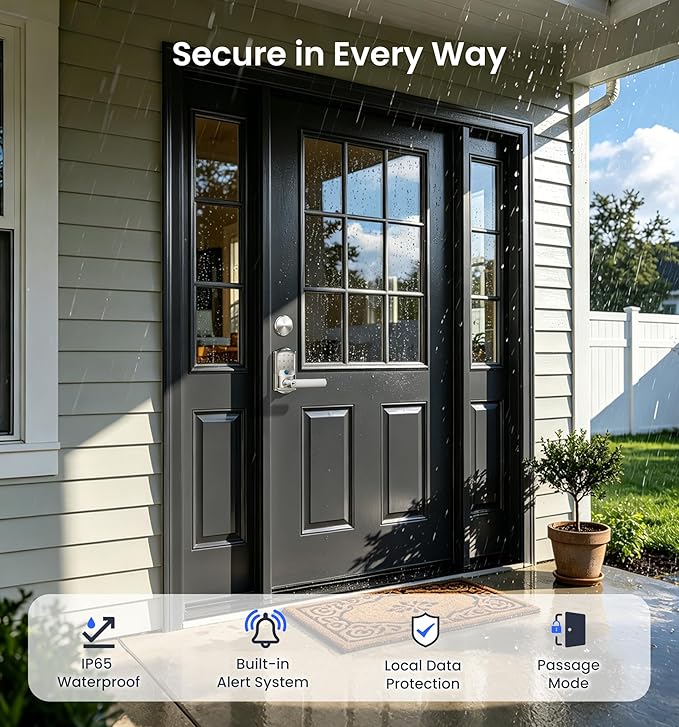 Veise VE029-E Wi-Fi Smart Lock with Handle & Non-Keyed Deadbolt, Fingerprint Keyless Entry Lock for Front Door, APP Remote Control, Keypad Electronic Digital Knob, IP65 Waterproof, Satin Nickel