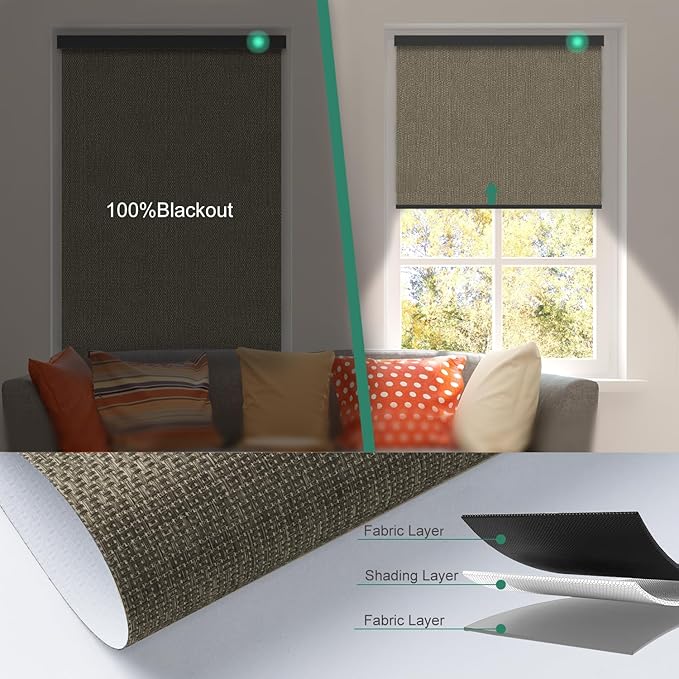 Motorized Blinds with Remote [100% Blackout & Silent Motor] Smart Blinds Compatible with Alexa Google HomeKit, Electric Roller Shades for Indoor Windows, Customized Size, Crossweave Brown
