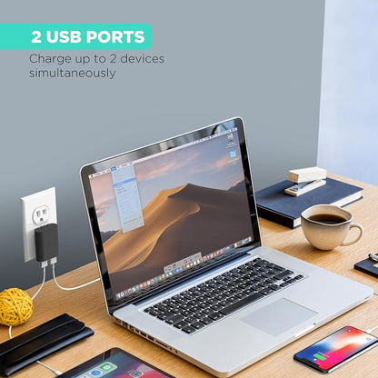 iHome Slim 2-Port USB Wall Charger, Flat Multiport Travel Plug Adapter | Dual USB-A ports, 2.4A Rapid Charge, Foldable Prongs, Slim Design, Compatible with iPhone, Android, iPad, AirPods for Home